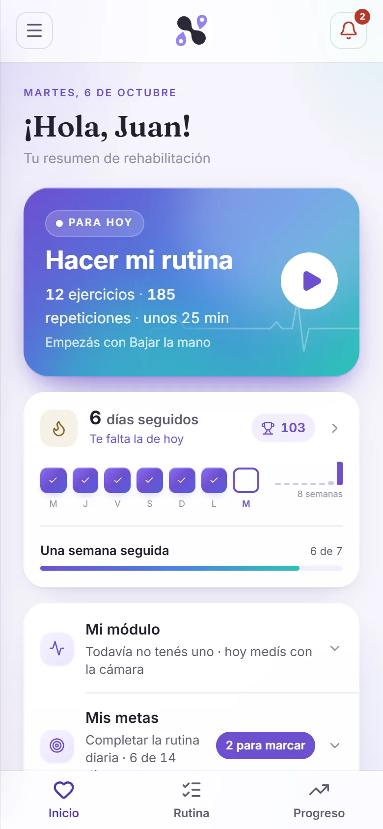 Inicio de la app del paciente con la tarjeta «Hacer mi rutina», la racha de días y «Mi módulo: todavía no tenés uno, hoy medís con la cámara».