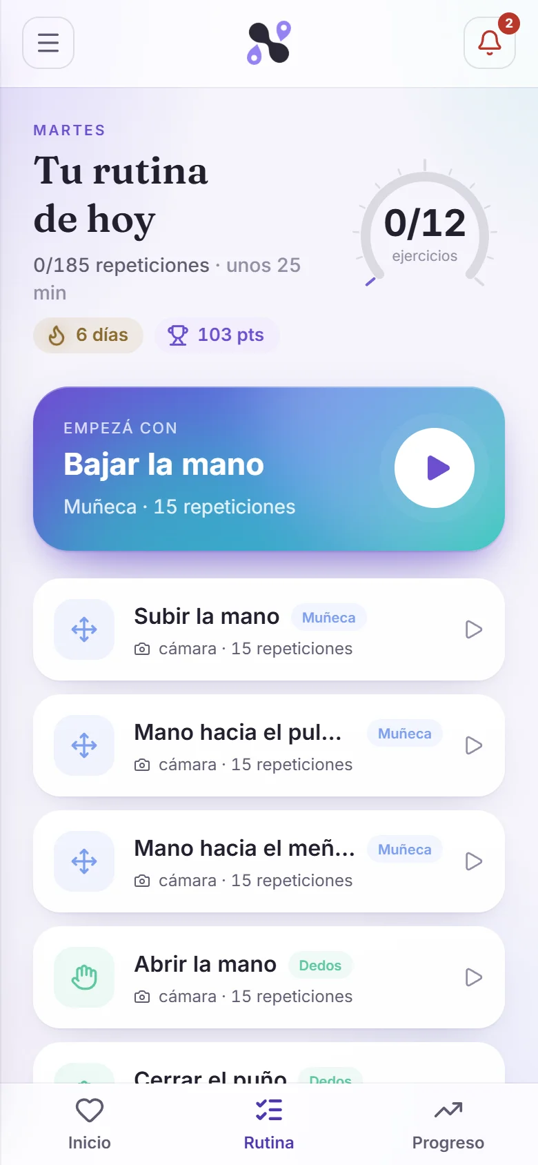 Rutina de hoy con el próximo ejercicio destacado y la lista de ejercicios con su dosis.