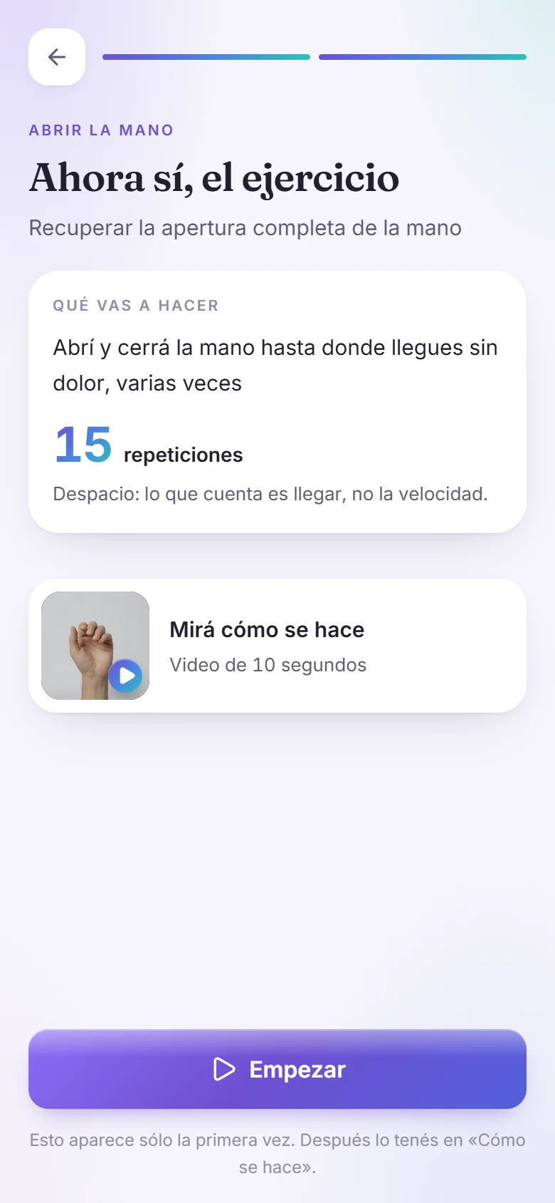 Consigna del ejercicio: abrir y cerrar la mano, 15 repeticiones, con un video de cómo se hace.