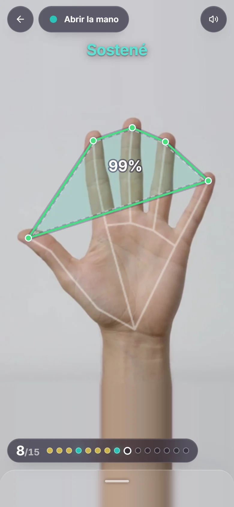 Serie en curso: la mano abierta al 99 % marcada en verde, la consigna «Sostené» y 8 de 15 repeticiones.