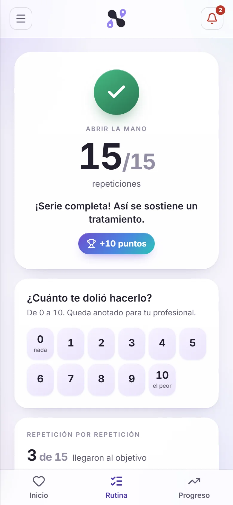 Serie completa, 15 de 15 repeticiones, con la escala de dolor de 0 a 10 para el profesional.